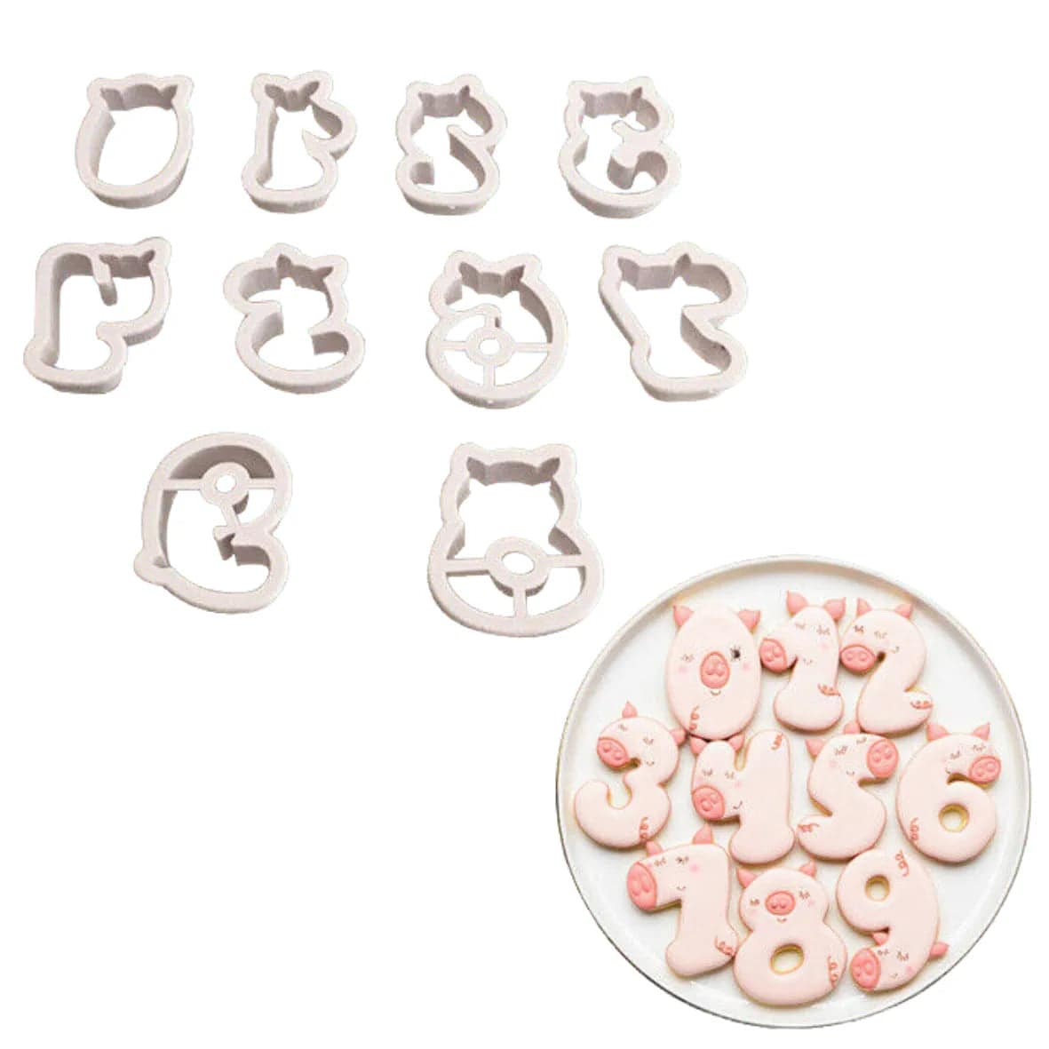 10 Pcs 0 to 9 Numbers Pig Shaped Plunger Cutter Biscuit Cookie Fondant Clay Cutter - thebakingtools.com