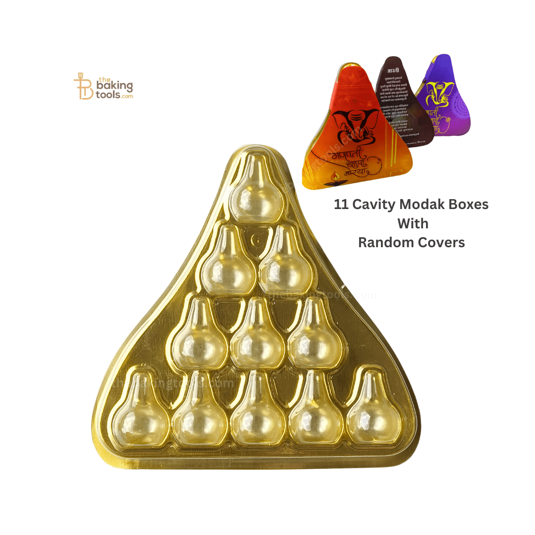 11 Cavity Modak Shaped Hamper Boxes With Golden Tray Clear Transparent Lid And Printed Modak Box Cover (Pack of 5) - thebakingtools.com