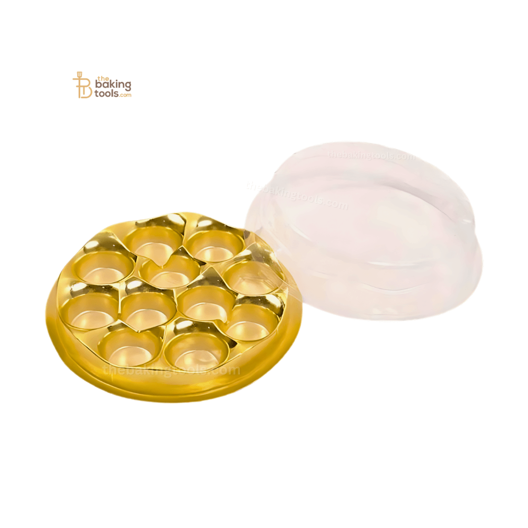 11 Cavity Round Mithai Modak Laddoo Hamper Box With Golden Tray & Clear Transparent Lid (Pack Of 5) - thebakingtools.com