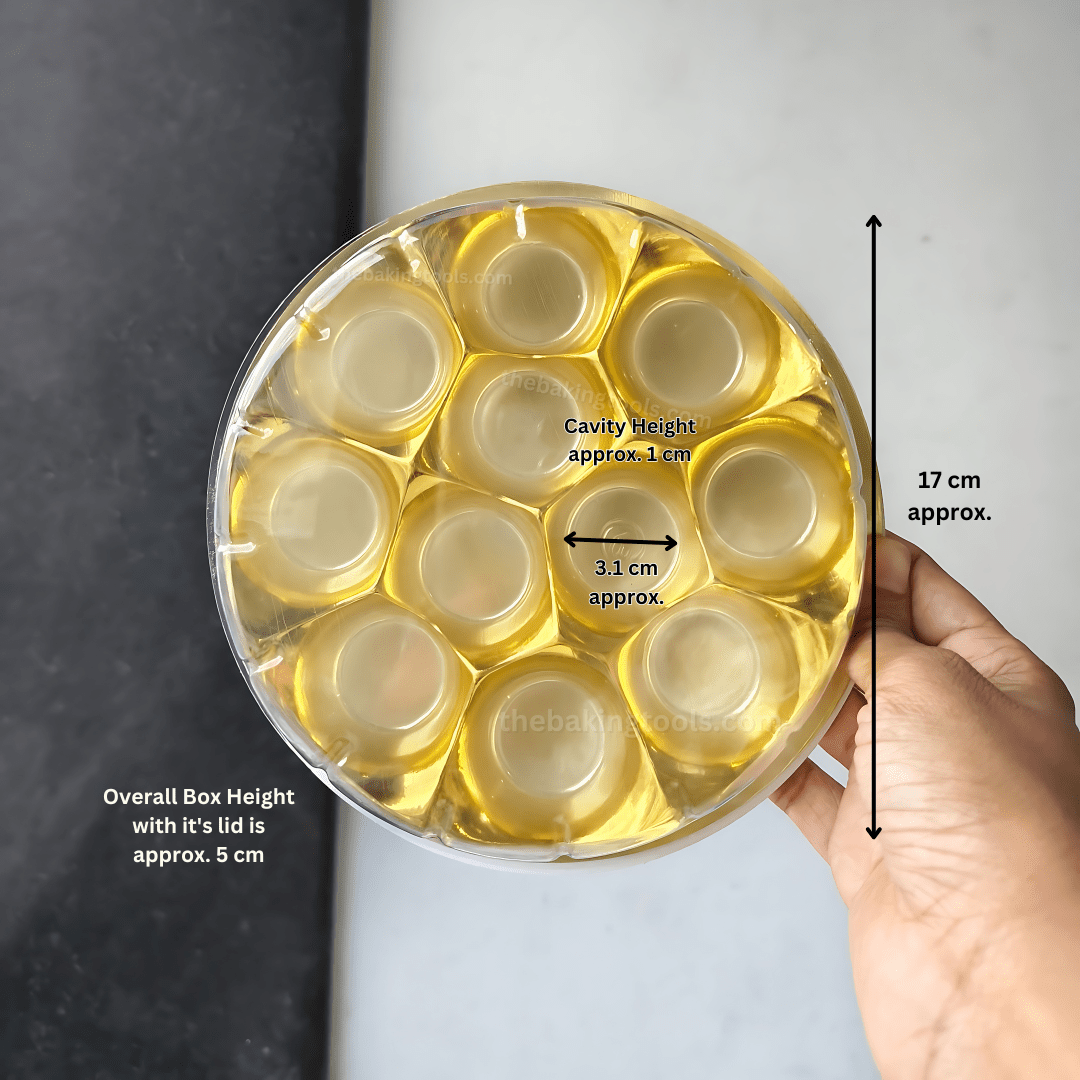 11 Cavity Round Mithai Modak Laddoo Hamper Box With Golden Tray & Clear Transparent Lid (Pack Of 5) - thebakingtools.com