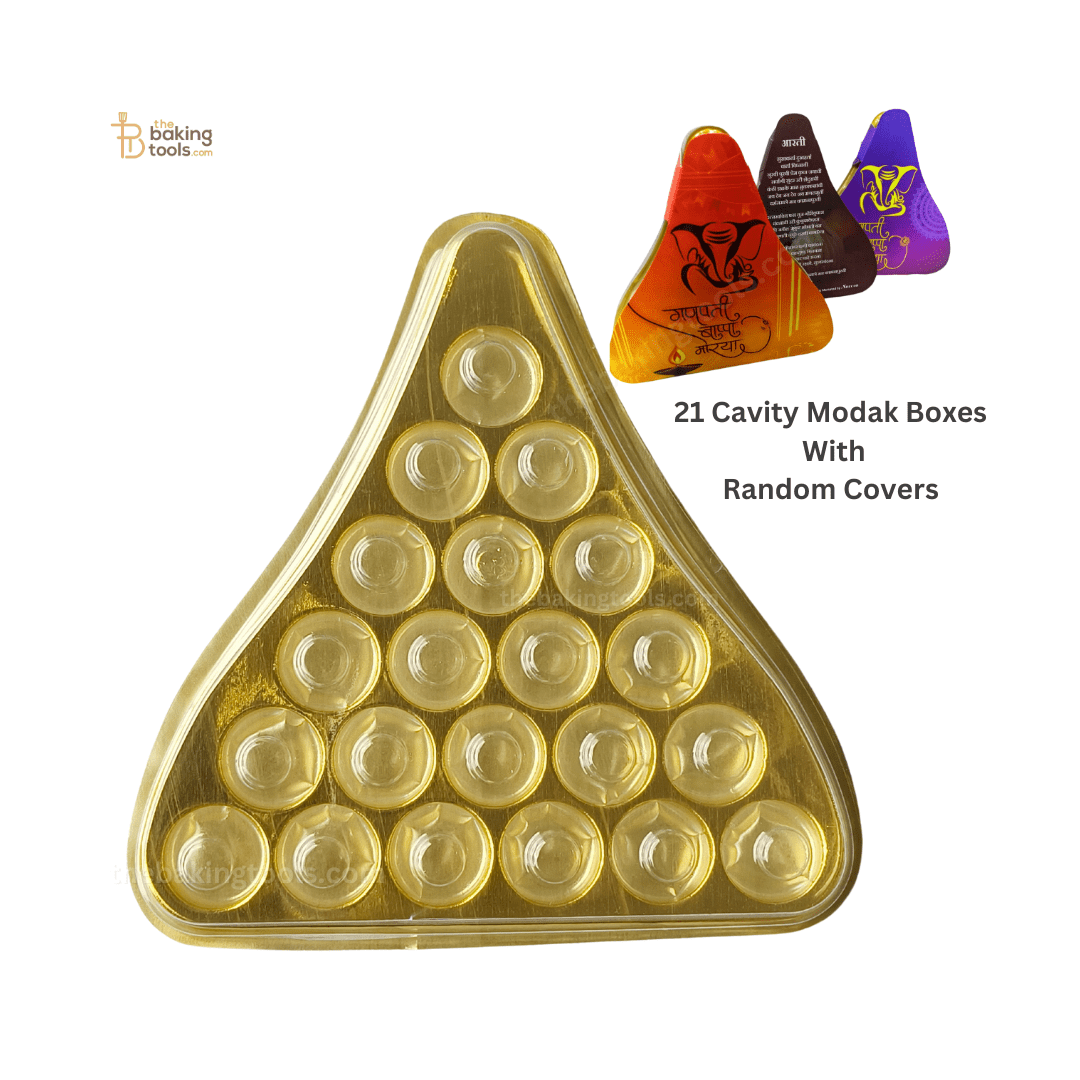 21 Cavity Modak Shaped Hamper Boxes With Golden Tray Clear Transparent Lid And Printed Modak Box Cover (Pack of 5) - thebakingtools.com