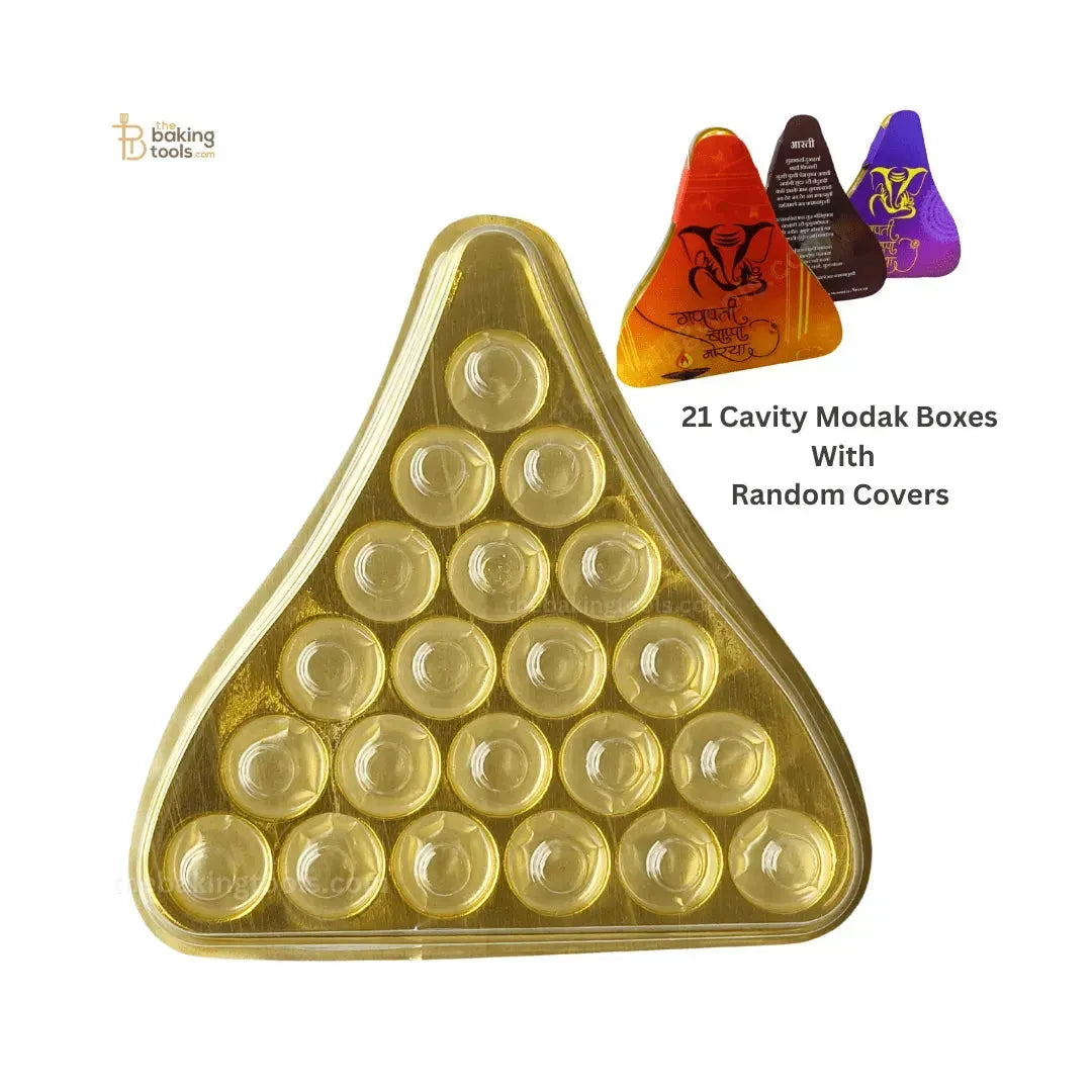 21 Cavity Modak Shaped Hamper Boxes With Golden Tray Clear Transparent Lid And Printed Modak Box Cover (Pack of 5) - thebakingtools.com