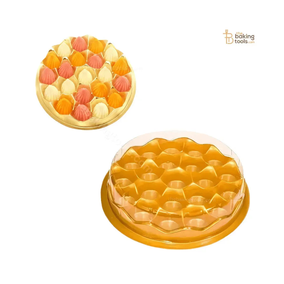 21 Cavity Round Mithai Modak Laddoo Hamper Box With Golden Tray And Clear Transparent Lid (Pack Of 5) - thebakingtools.com