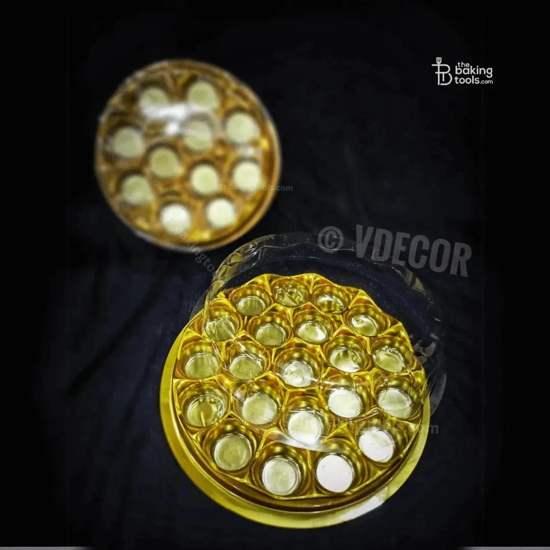 21 Cavity Round Mithai Modak Laddoo Hamper Box With Golden Tray And Clear Transparent Lid (Pack Of 5) - thebakingtools.com