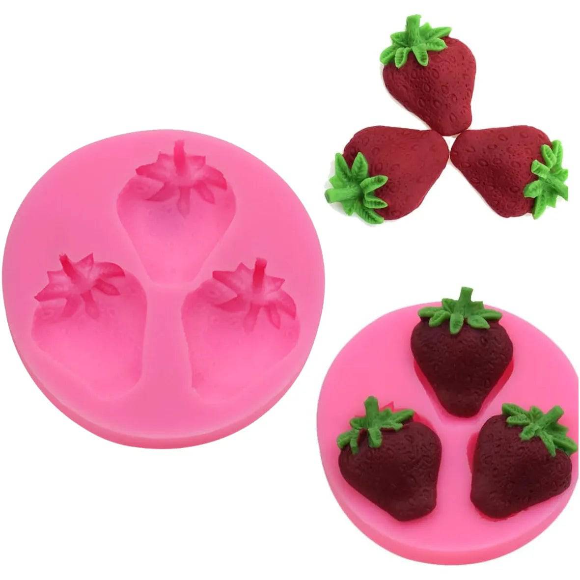 3 Cavity Strawberry Silicon Fondant Gum Paste Mould - thebakingtools.com