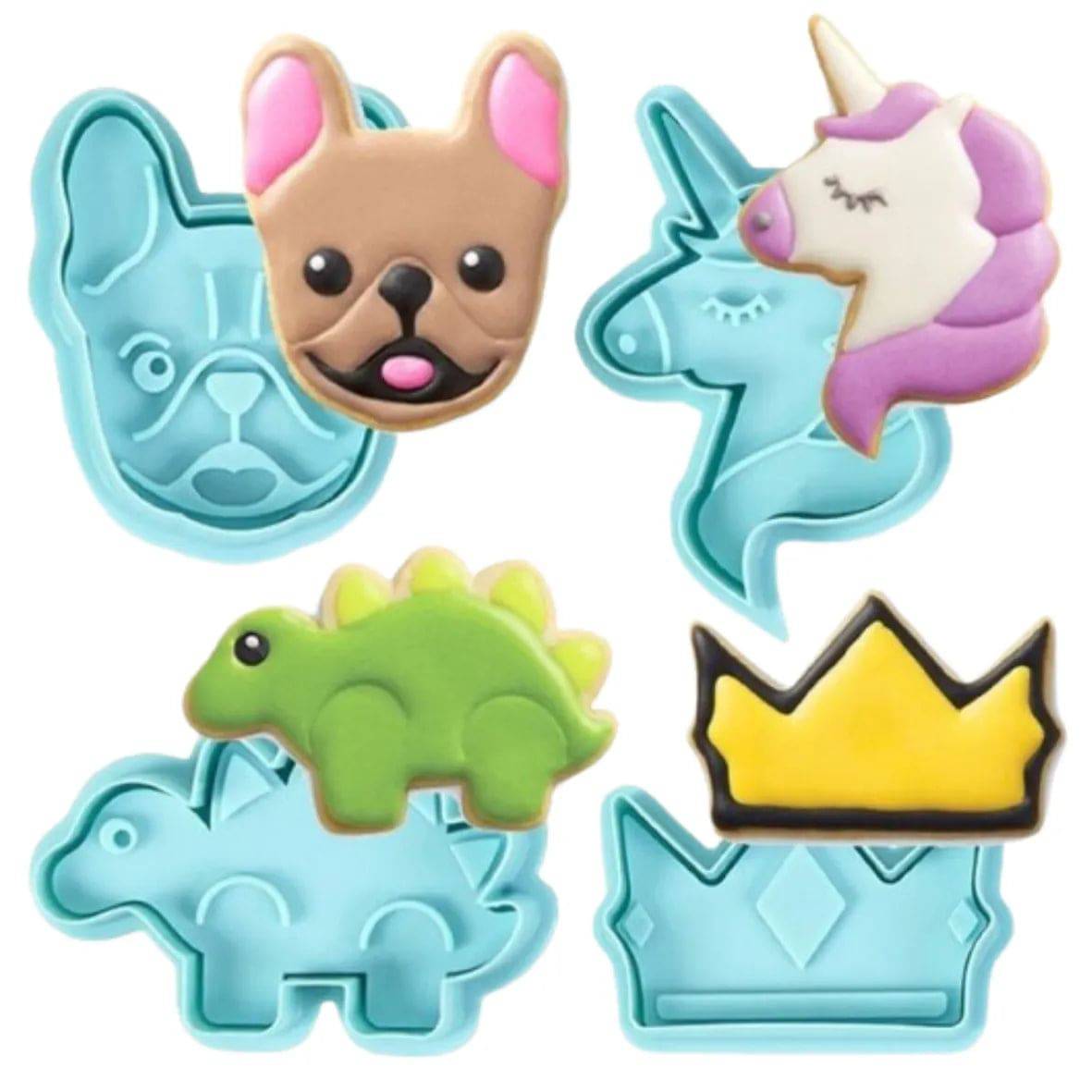 4 PCs Crown Unicorn Dinosaur Pug Plunger Cutter Fondant And Cookie Cutter - thebakingtools.com