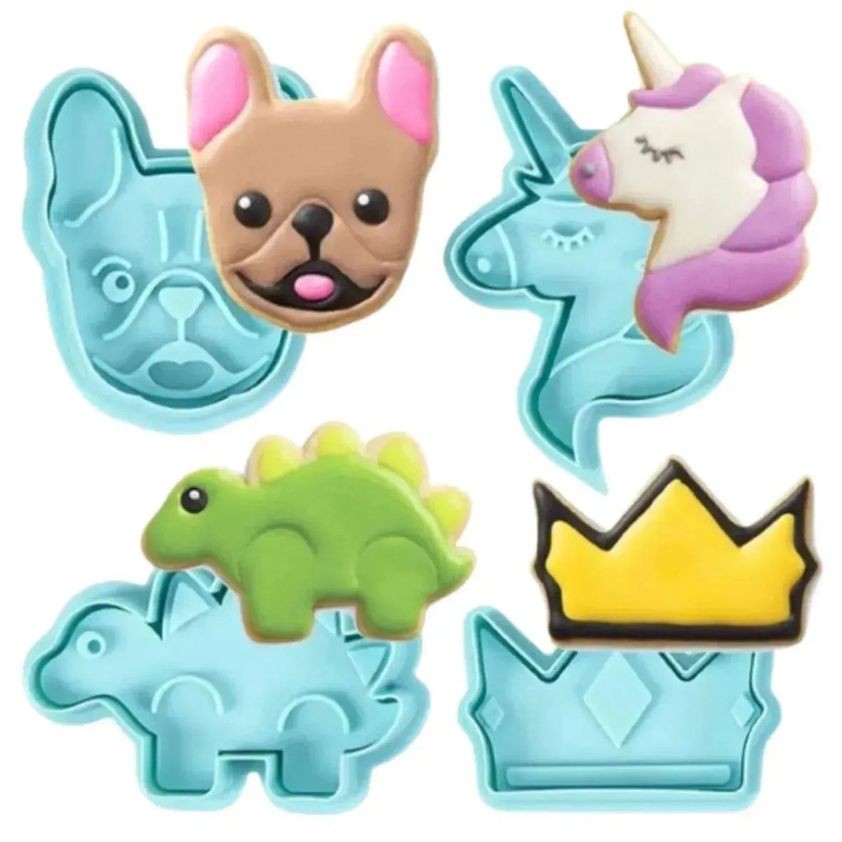 4 PCs Crown Unicorn Dinosaur Pug Plunger Cutter Fondant And Cookie Cutter - thebakingtools.com