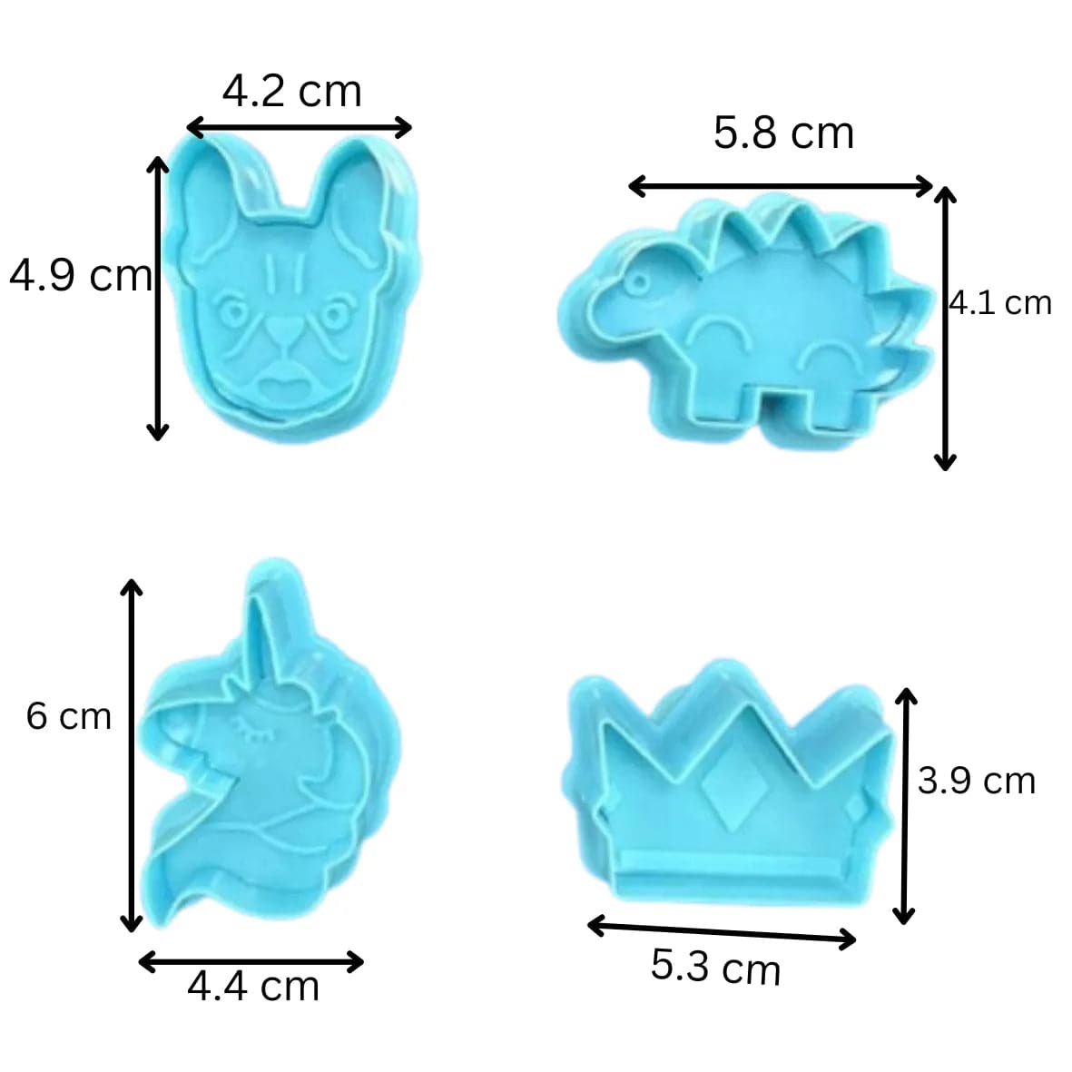 4 PCs Crown Unicorn Dinosaur Pug Plunger Cutter Fondant And Cookie Cutter - thebakingtools.com