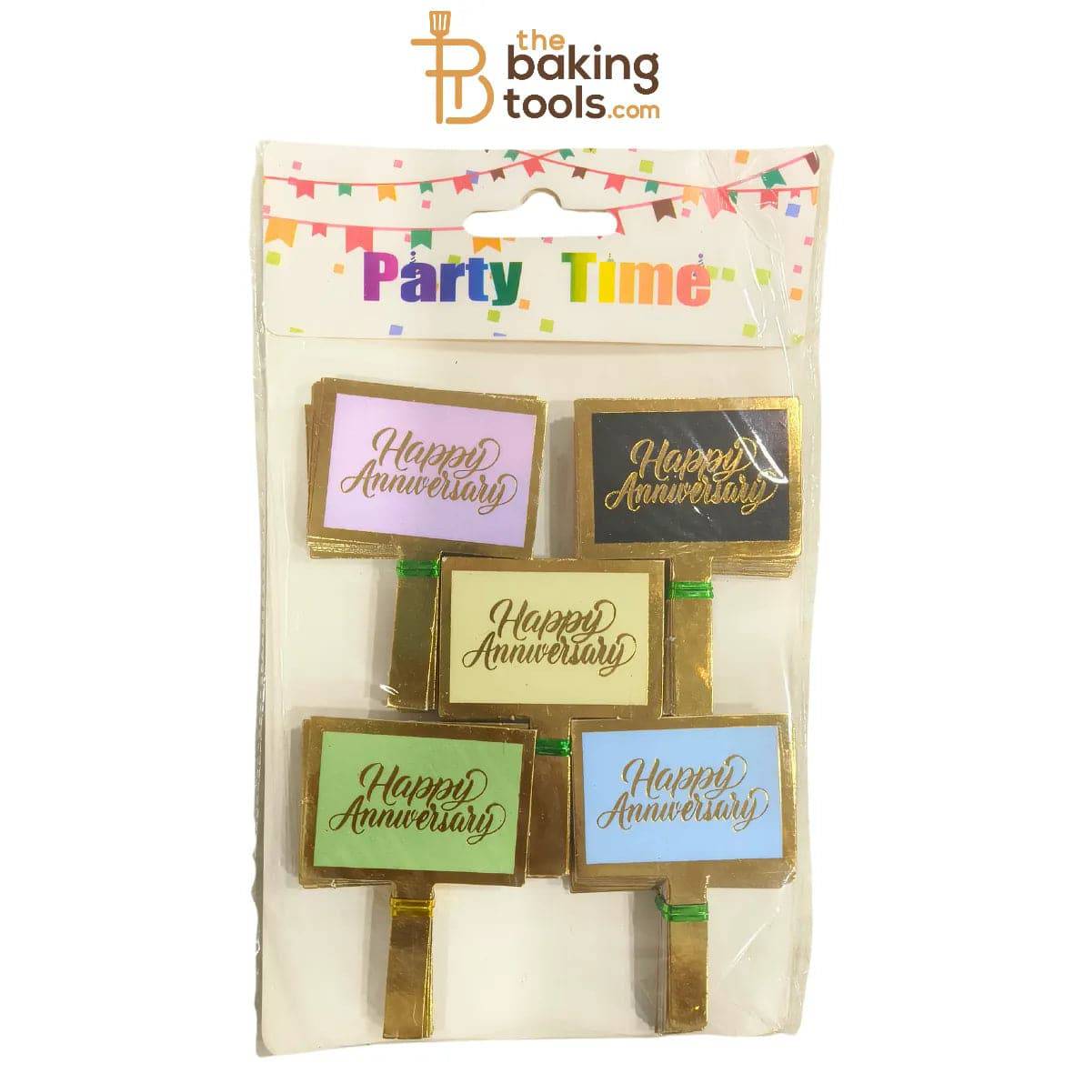 Foil Printed Paper Happy Anniversary Tag Cake Topper - 100Pcs Pack - thebakingtools.com