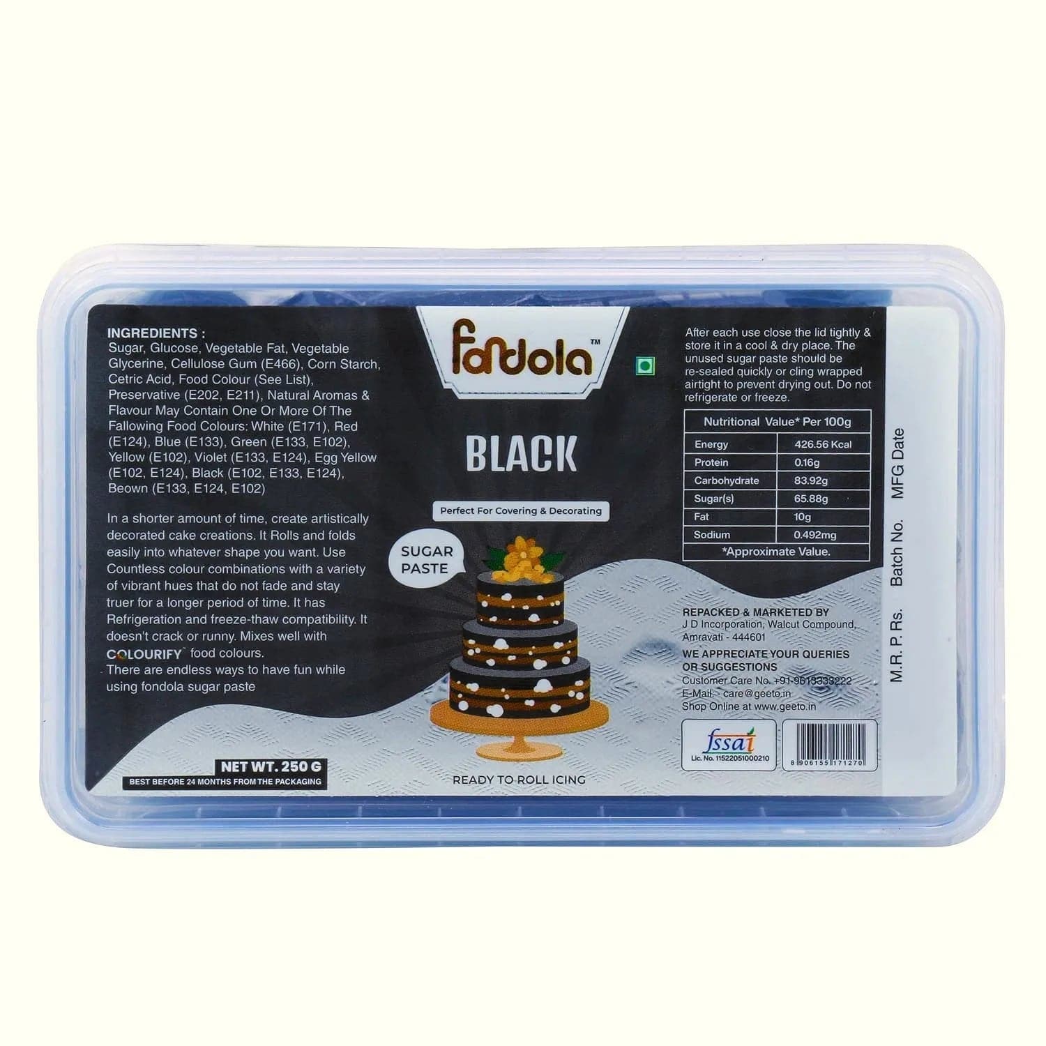 Fondola Black Sugar Paste Fondant 250gm - thebakingtools.com