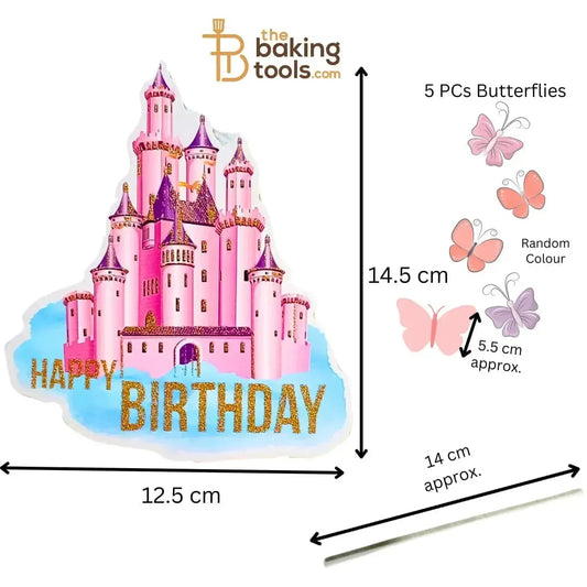 Happy Birthday Castle Paper Cake Topper With 5 Butterflies 001 - thebakingtools.com