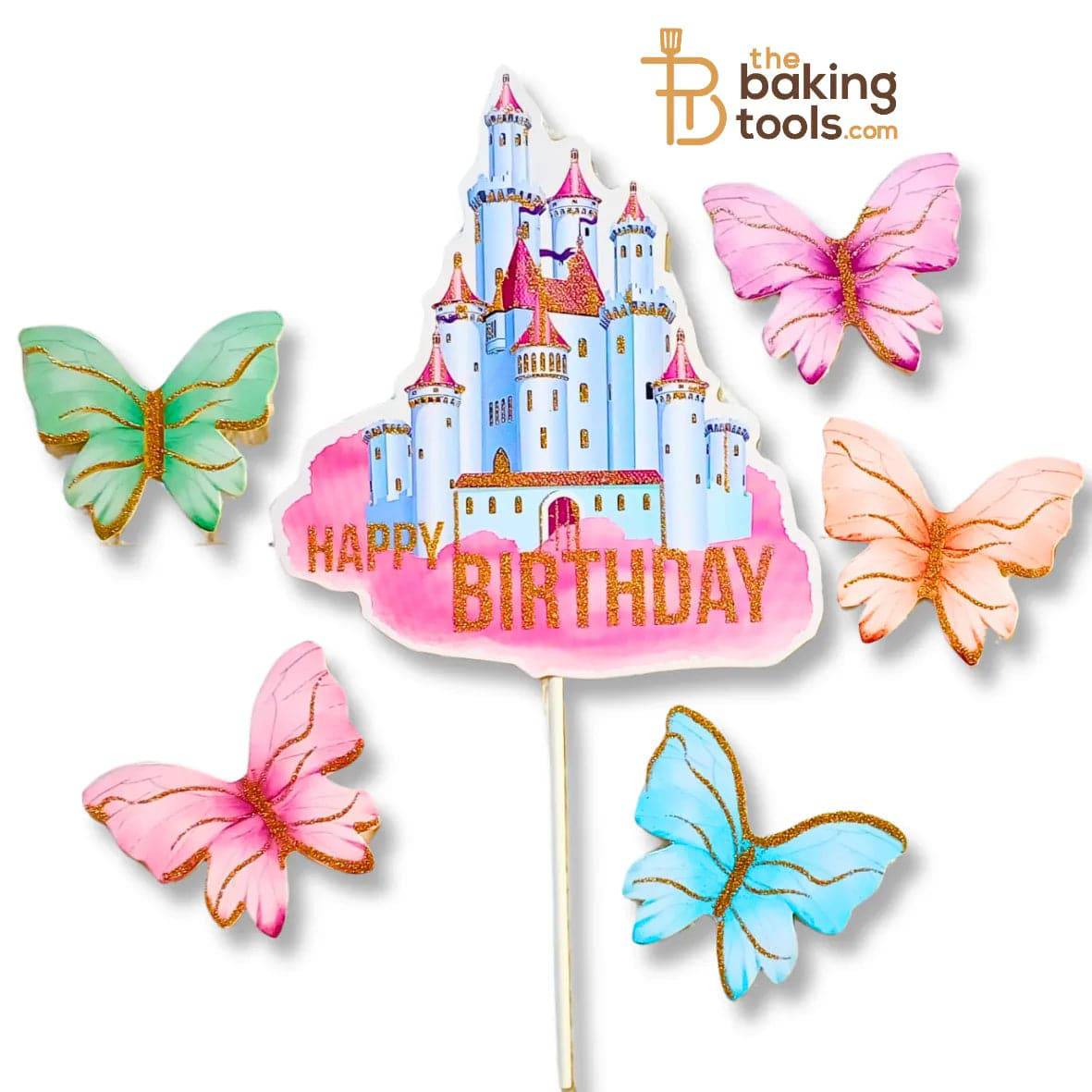 Happy Birthday Castle Paper Cake Topper With 5 Butterflies 002 - thebakingtools.com