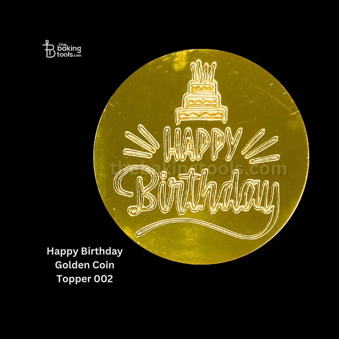 Happy Birthday Golden Acrylic Coin Topper 002 - thebakingtools.com