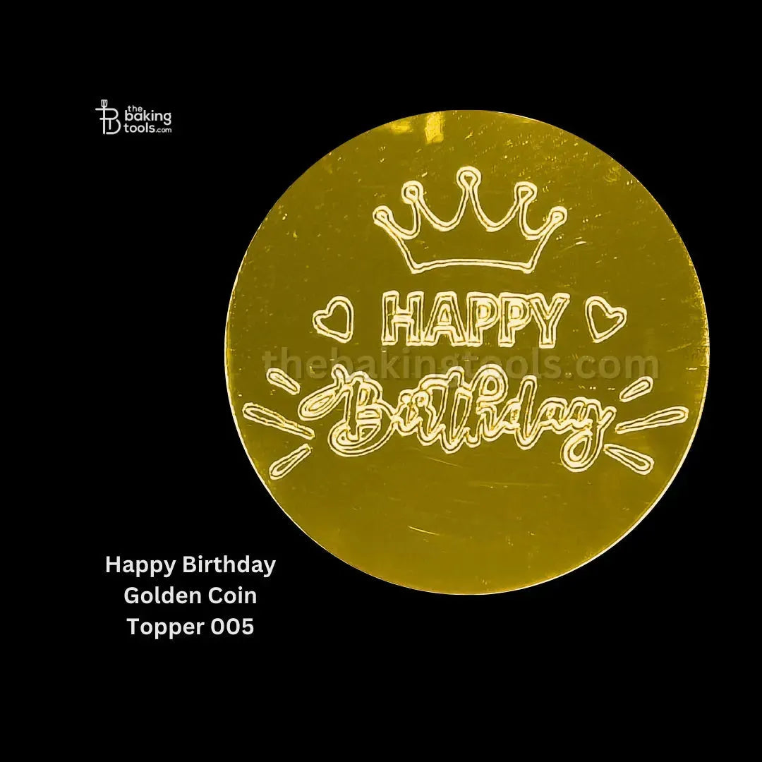 Happy Birthday Golden Acrylic Coin Topper 005 - thebakingtools.com