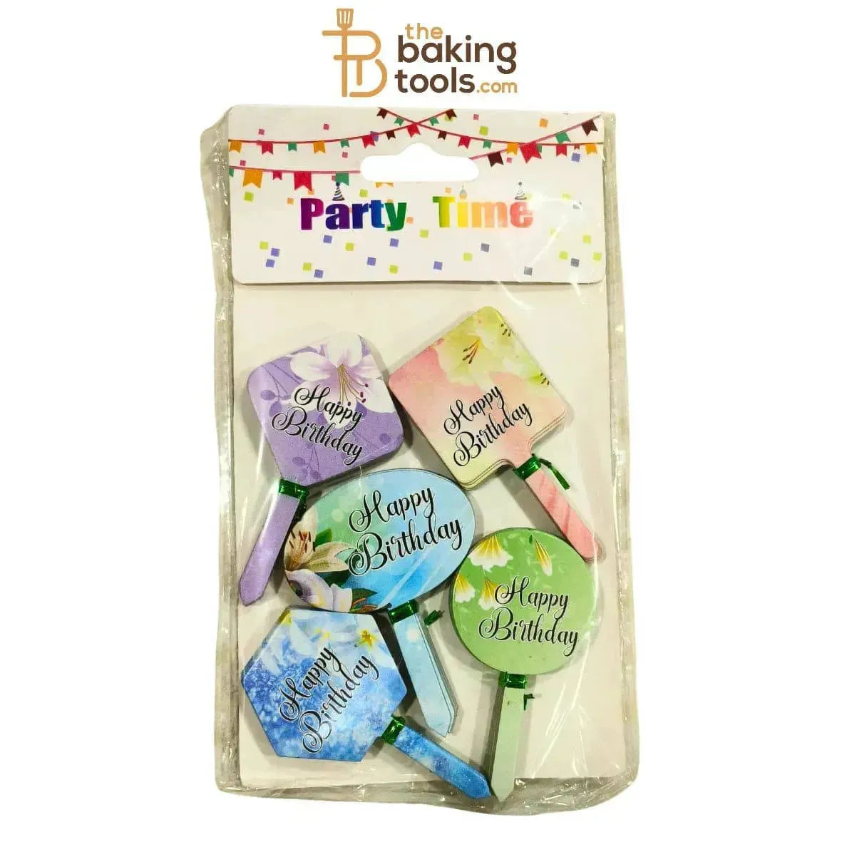 Happy Birthday Paper Tag Cake Topper - 100 Pcs Pack(Flower Themed) - thebakingtools.com