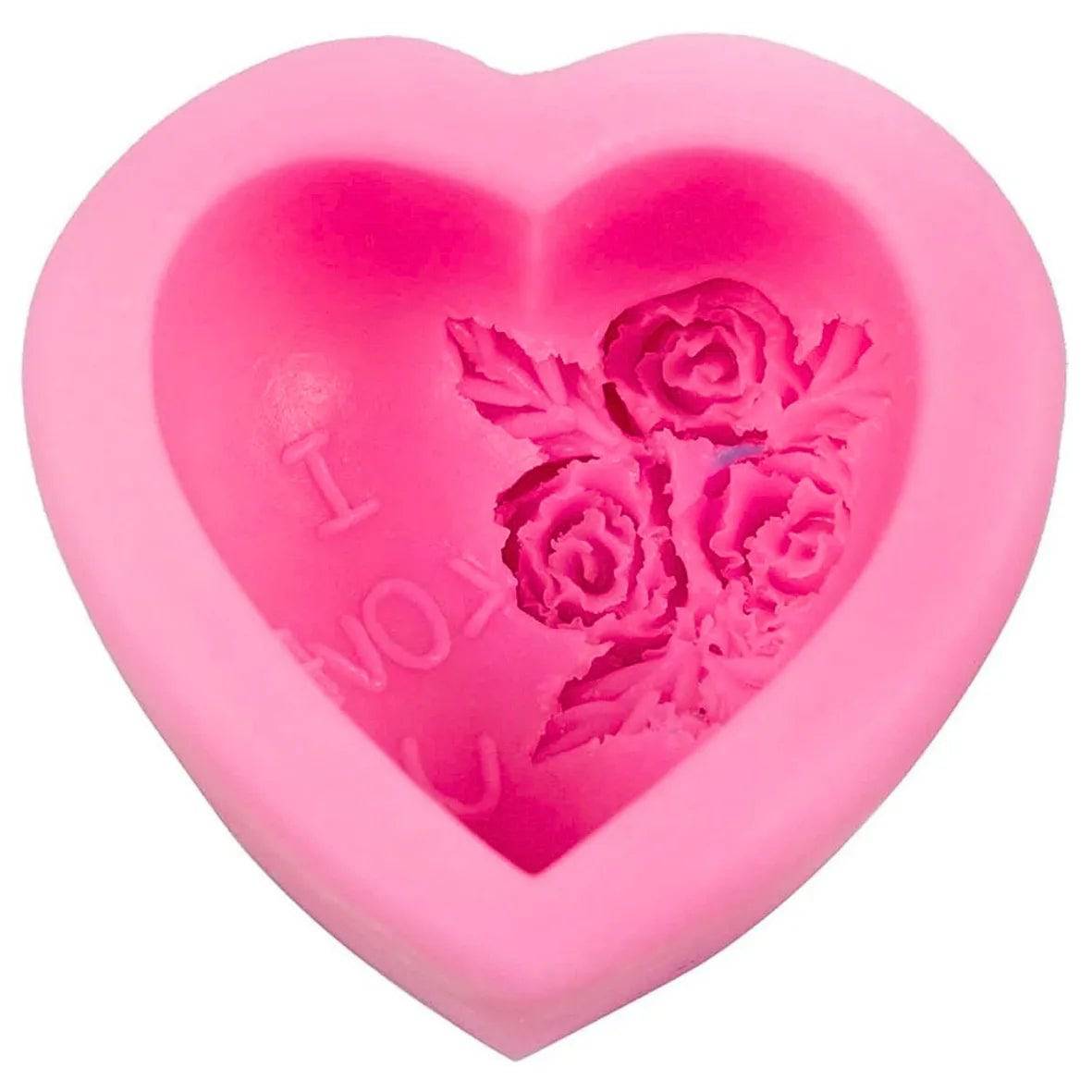 I Love You & Rose In Heart Shape Silicone Gum Paste Mould - thebakingtools.com