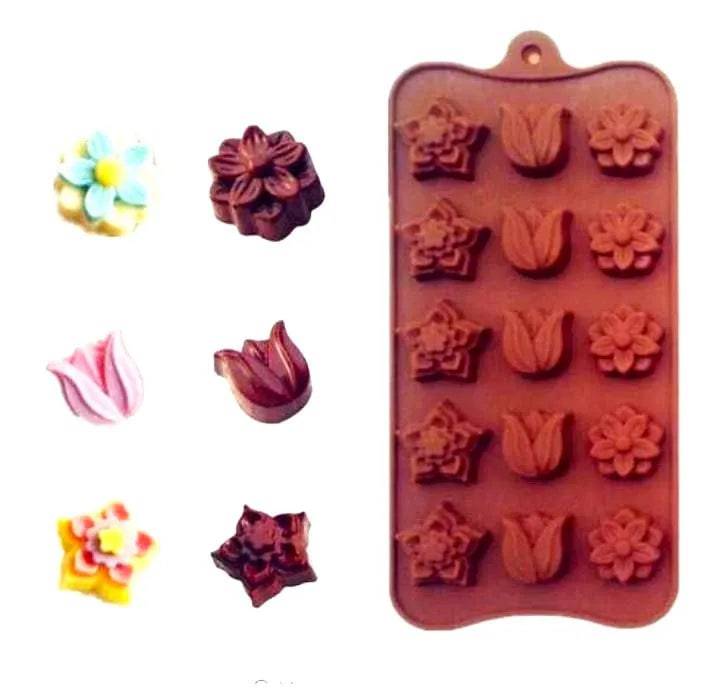 Leaf And Flower Shape Silicon Chocolate Mould-15 Cavity - thebakingtools.com