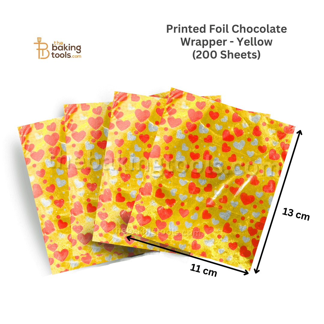 Printed Foil Chocolate Wrapper | 13 x 11 cm | Yellow (Heart Design) - thebakingtools.com