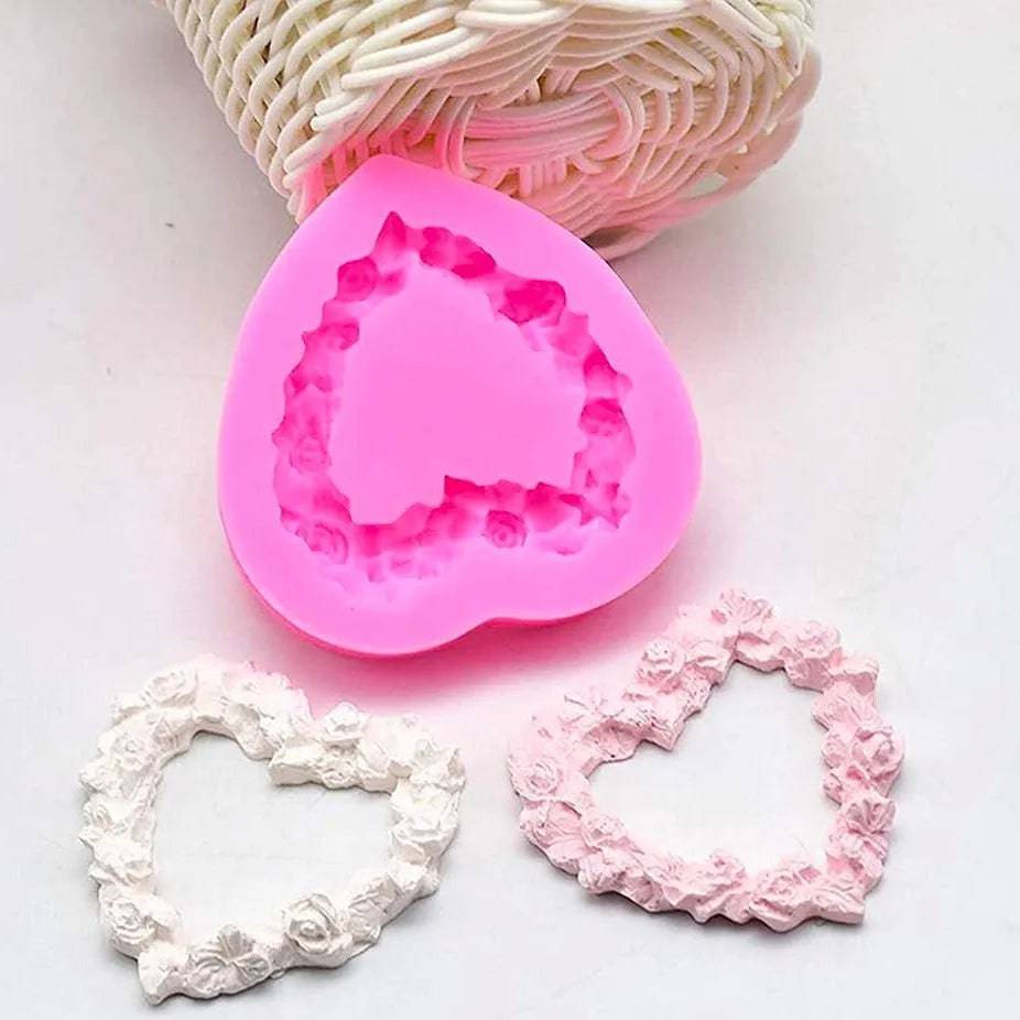 Rose In Heart Shaped Border Frame Silicone Fondant Gum Paste Mould - thebakingtools.com