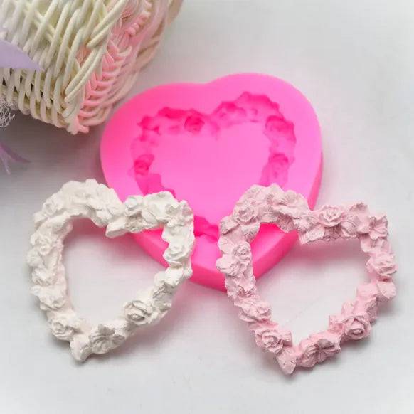 Rose In Heart Shaped Border Frame Silicone Fondant Gum Paste Mould - thebakingtools.com