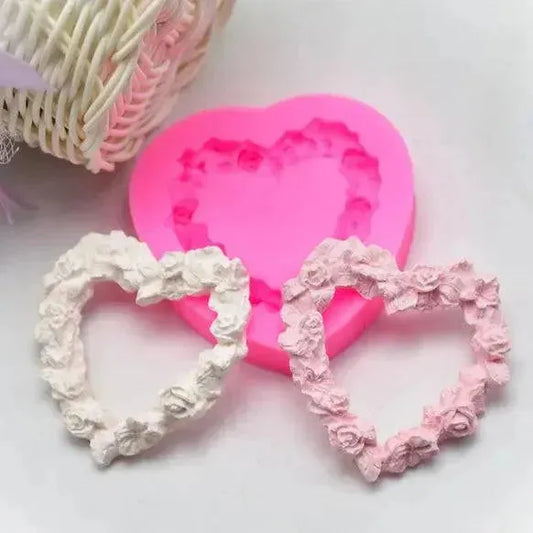 Rose In Heart Shaped Border Frame Silicone Fondant Gum Paste Mould - thebakingtools.com
