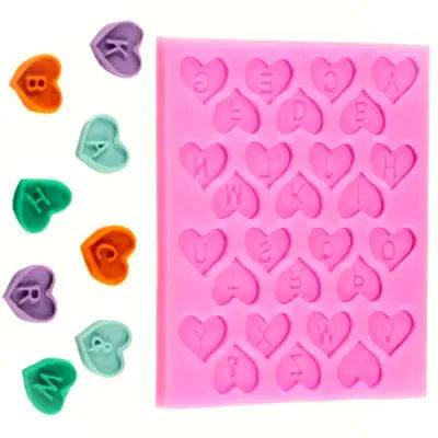 Silicone Fondant Gum Paste Mould - 28 CAVITY ALPHABET LETTER (Heart Shaped) - thebakingtools.com