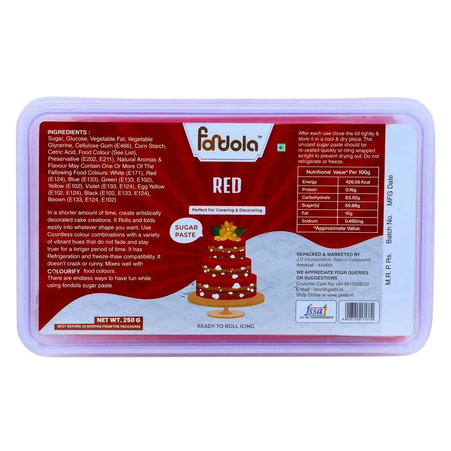 Fondola Red Sugar Paste Fondant 250gm - thebakingtools.com