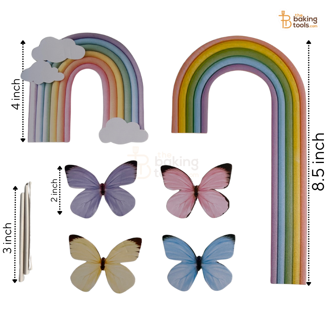 Rainbow-shaped cookie cutters with butterfly and cloud designs, including measurements.