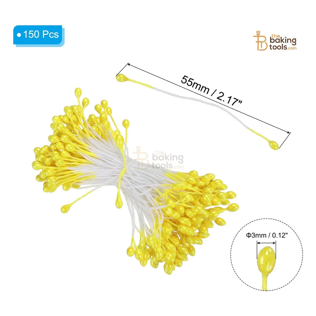 Yellow - 150 Pcs Double Headed Pearlized Artificial Flower Stamens Pollens – 5.5cm for Sugar Flowers, Cake Decoration & Craft Making