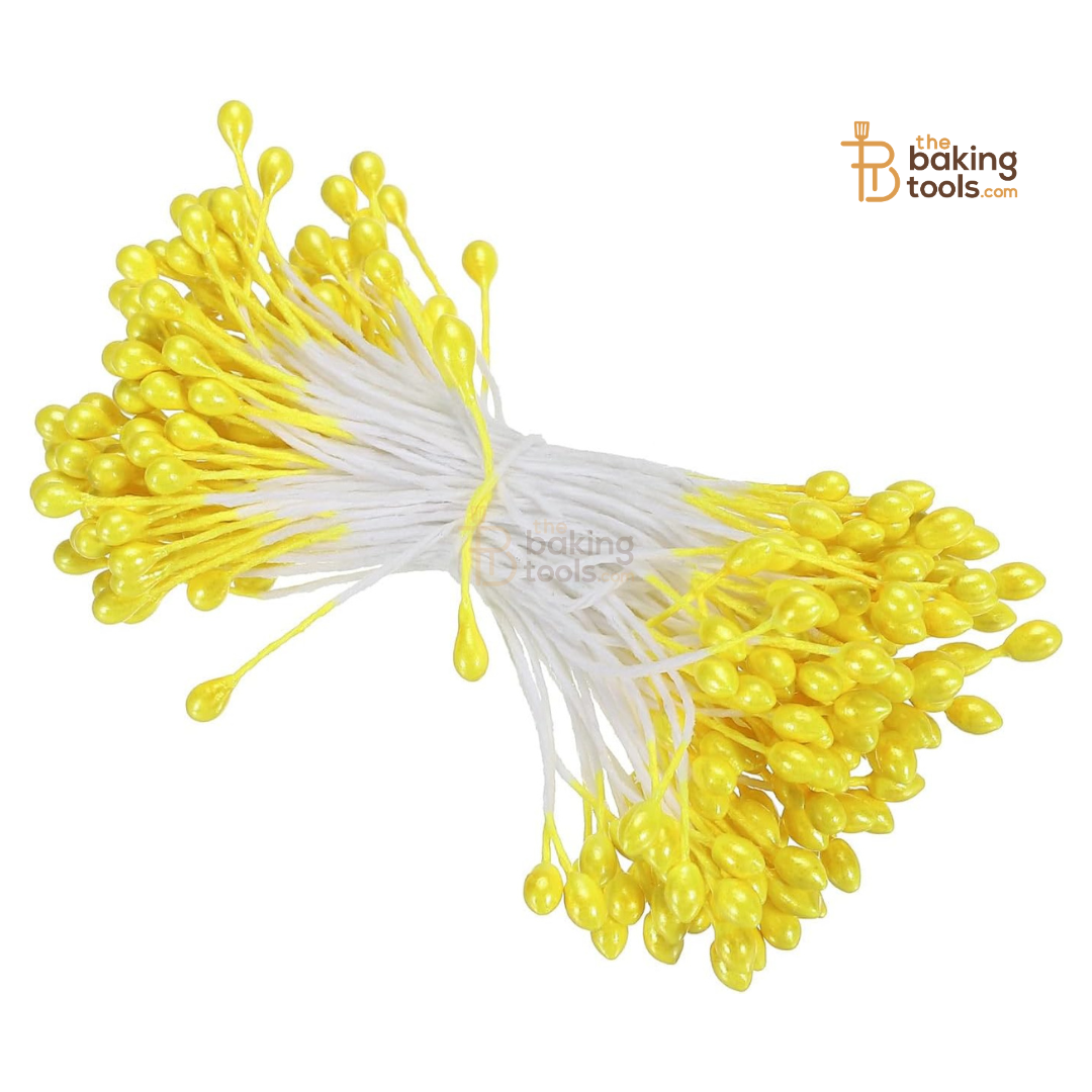 Yellow - 150 Pcs Double Headed Pearlized Artificial Flower Stamens Pollens – 5.5cm for Sugar Flowers, Cake Decoration & Craft Making